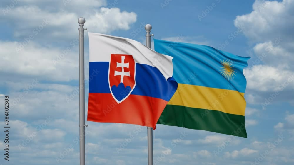 Republic of Rwanda and Slovakia two flags waving together, looped video, two country cooperation concept Republic of Rwanda and Slovakia two flags waving together, looped video, two country cooperation concept