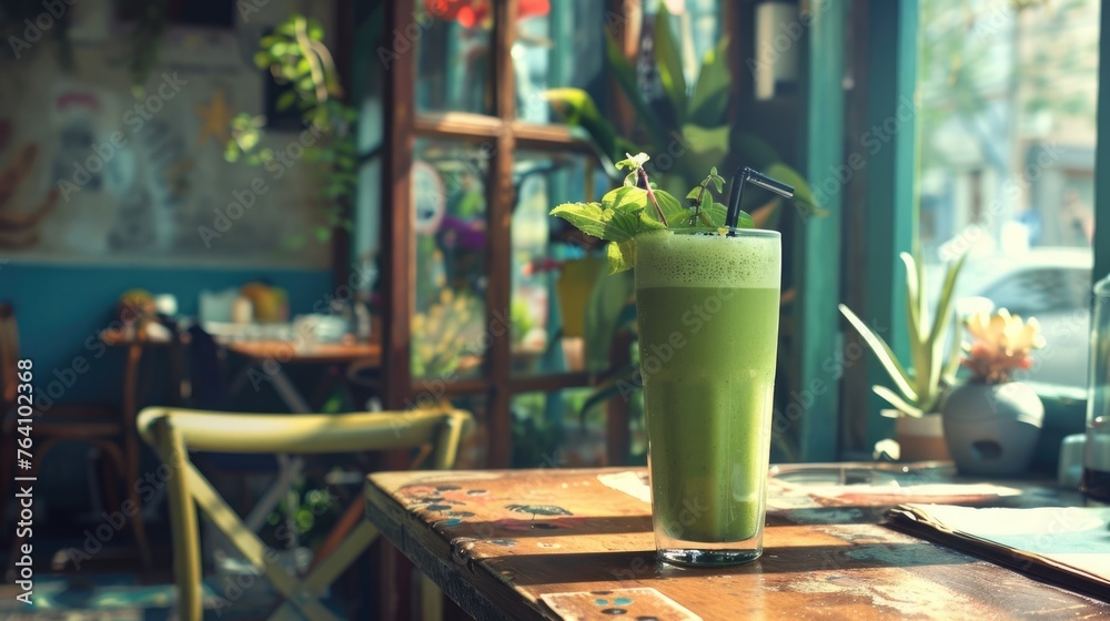 Glass with tasty vegetable smoothie on wooden table at coffee shop or healthy drinks cafe. Fruit diet concept. Fresh organic shake. Blended beverage. Sweet cocktail. Detox green vitamin dessert.