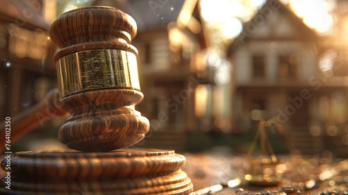 A striking image of a gavel set beside a model house on a lawyer's desk, representing the intersection of legal decisions and real estate.