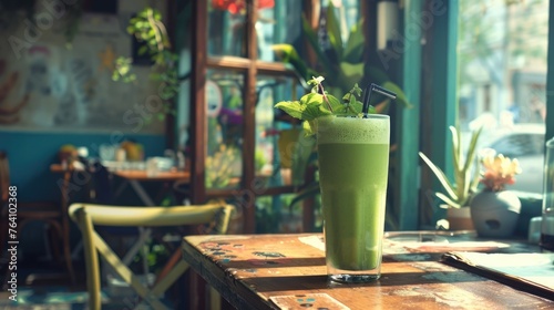 Glass with tasty vegetable smoothie on wooden table at coffee shop or healthy drinks cafe. Fruit diet concept. Fresh organic shake. Blended beverage. Sweet cocktail. Detox green vitamin dessert.