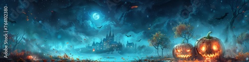 A spooky yet enchanting Halloween panorama where jack-o'-lanterns light up a ghostly landscape under the glow of a haunting full moon.
