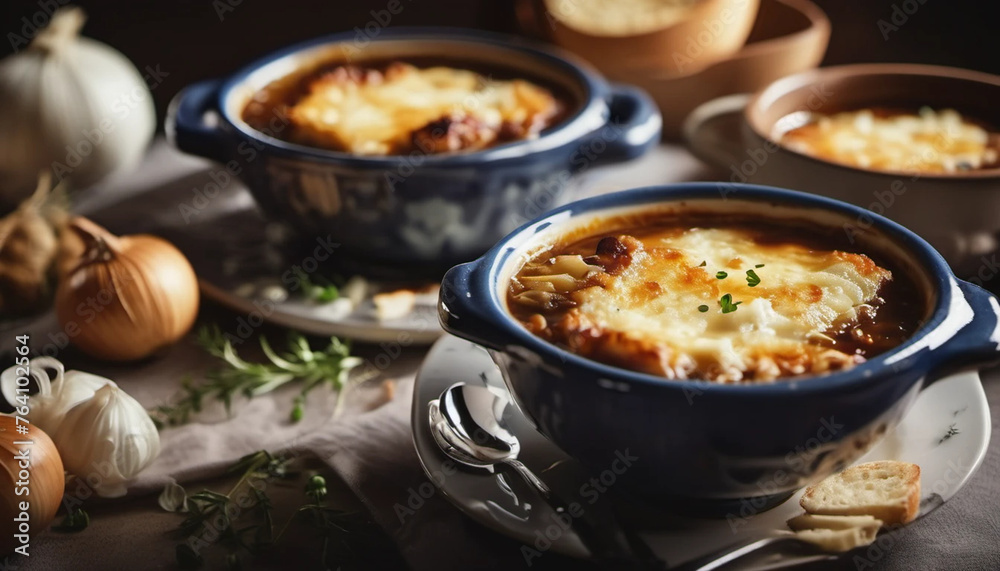 French onion soup with cheese. Close up. French onion soup with cheese. Close up.