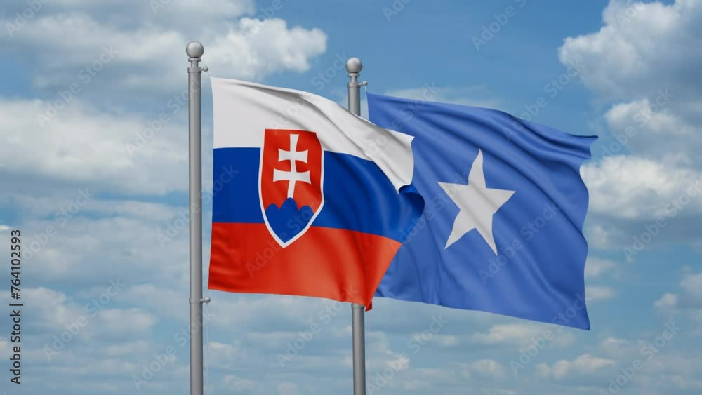 Somalia and Slovakia two flags waving together, looped video, two country cooperation concept