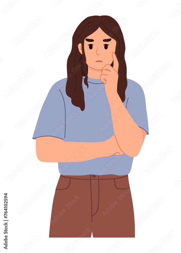 Thoughtful, pensive or making decision girl. Modern vector flat illustration. Thoughtful, pensive or making decision girl. Modern vector flat illustration.