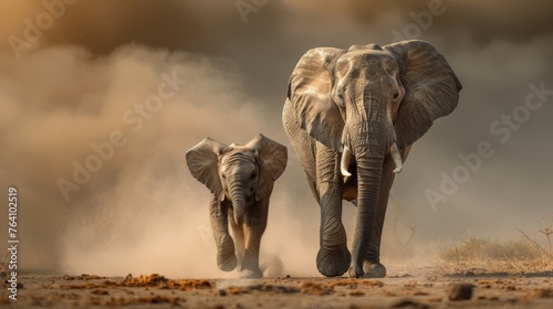 A mother elephant leading her calf across a dusty African plain, the towering figures set against a vast, open sky.