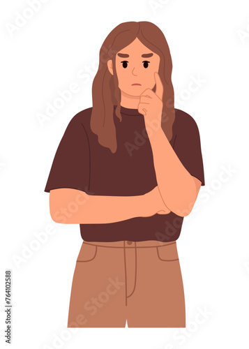 Thoughtful, pensive or making decision girl. Modern vector flat illustration.