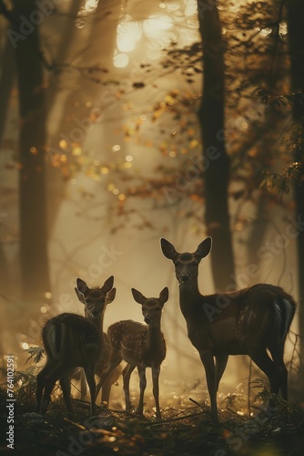 In the soft luminescence of dawn, a family of spotted deer gathers alertly in a lush forest, creating an enchanting and serene tableau. © Riz