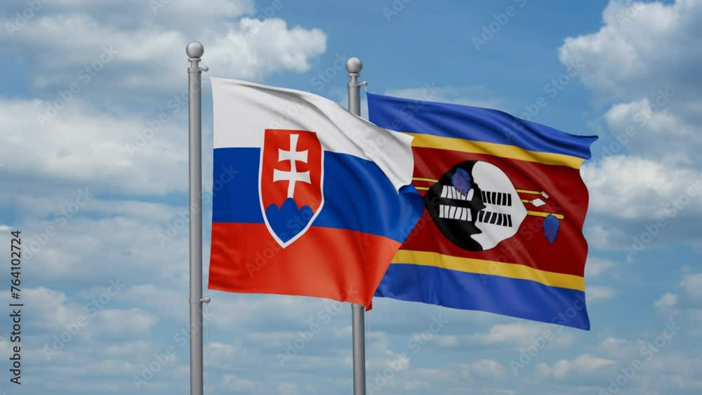 Eswatini aka Swaziland and Slovakia two flags waving together, looped video, two country cooperation concept Eswatini aka Swaziland and Slovakia two flags waving together, looped video, two country cooperation concept