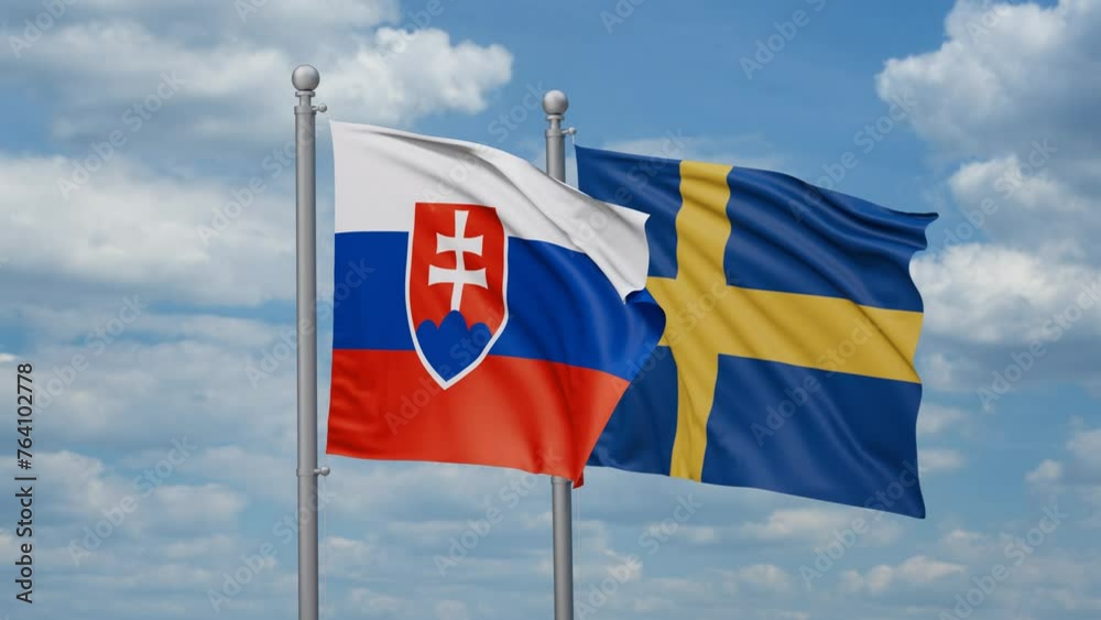 Sweden and Slovakia two flags waving together, looped video, two country cooperation concept Sweden and Slovakia two flags waving together, looped video, two country cooperation concept
