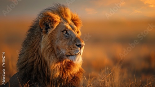 The king of the savannah  a magnificent male lion lies regally in the grass  soaking up the warm glow of a sunset that bathes the African plains.