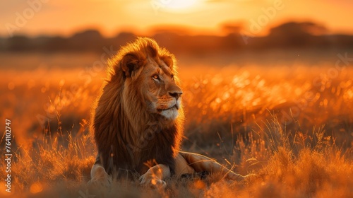 The king of the savannah, a magnificent male lion lies regally in the grass, soaking up the warm glow of a sunset that bathes the African plains.