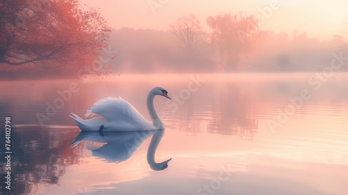 A solitary swan glides gracefully on a tranquil lake  with a serene mist and the warm hues of autumn trees reflected on the water s surface at dawn.