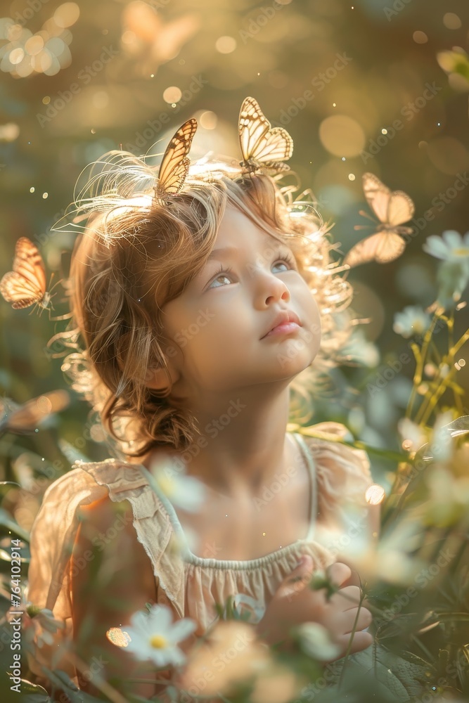 A whimsical portrayal of a young girl dressed as a fairy, surrounded by fluttering butterflies in a sunlit forest, creating a scene straight out of a fairy tale. A whimsical portrayal of a young girl dressed as a fairy, surrounded by fluttering butterflies in a sunlit forest, creating a scene straight out of a fairy tale.