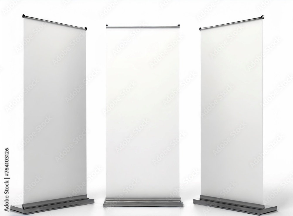 Blank roll up banner 3 display view template. 3d illustrating. isolated on white background Blank roll up banner 3 display view template. 3d illustrating. isolated on white background