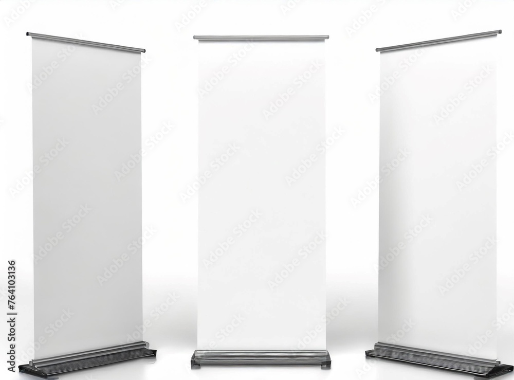 Blank roll up banner 3 display view template. 3d illustrating. isolated on white background Blank roll up banner 3 display view template. 3d illustrating. isolated on white background