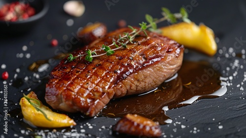 Glazed duck fillet shimmering under a coat of honey and spices a culinary masterpiece