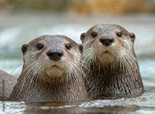 Close-up shot of a pair of river otters swimming in the water