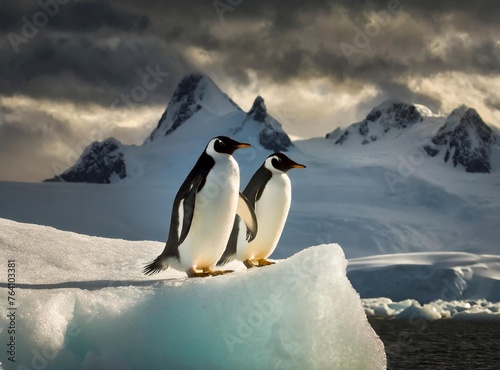 Penguins standing on top of an iceberg in the Antarctic. Endangered species because of the climate change.
