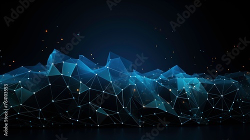 Abstract technology background with a blue polygonal network line connection. Concept of digital data transfer and global internet telecommunication, white dots on a dark navy background. Flat lay