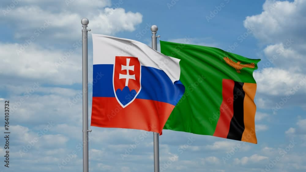 Zambia and Slovakia two flags waving together, looped video, two country cooperation concept Zambia and Slovakia two flags waving together, looped video, two country cooperation concept