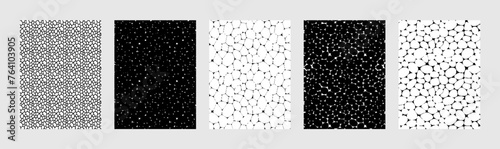 Voronoi backgrounds vector set. Irregular geometric cells backdrops. Black and white pebble and stones template covers collection. For web tiles and brochures, science cards, interior designs.