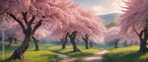 Cherry trees in spring beautiful nature scenery landscape from Generative AI