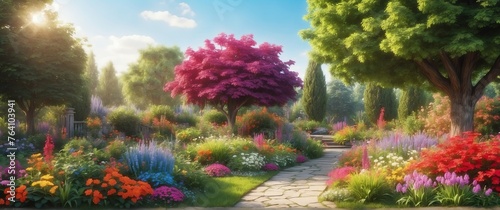 Colorful garden in summer beautiful nature scenery landscape from Generative AI © Arceli