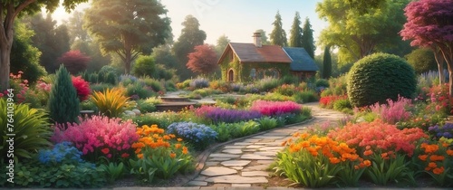 Colorful garden in summer beautiful nature scenery landscape from Generative AI