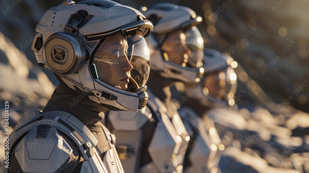 Close-up of an astronaut in a high-tech suit with blurred head and a reflection in the visor, hinting at advanced technology - obrazy, fototapety, plakaty 