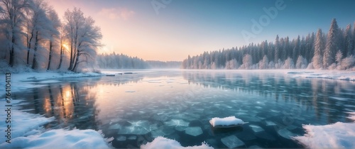 Frozen lake in winter beautiful nature scenery landscape from Generative AI photo