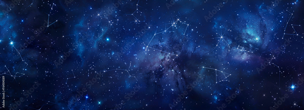 night sky and stars and constellations, milky way. space background filled with galaxies and clouds. the dark blue depths of the universe. wallpaper or banner