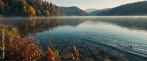 Misty lake in fall beautiful nature scenery landscape from Generative AI
