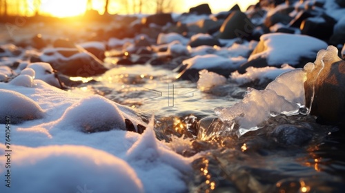 Sunrise and frozen sea. Beautiful winter landscape with lake in morning time. AI generated