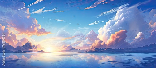 A peaceful scene of a sunset reflecting on calm waters  with a dreamy anime-inspired sky filled with fluffy clouds