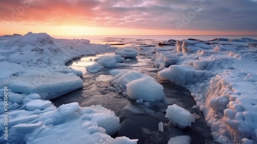 Ice and hummocks on the bank of the winter sea. photo