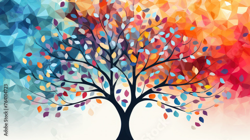 A colorful tree with many leaves is the main focus of the image. The tree is surrounded by a white background, which creates a sense of contrast and draws attention to the tree