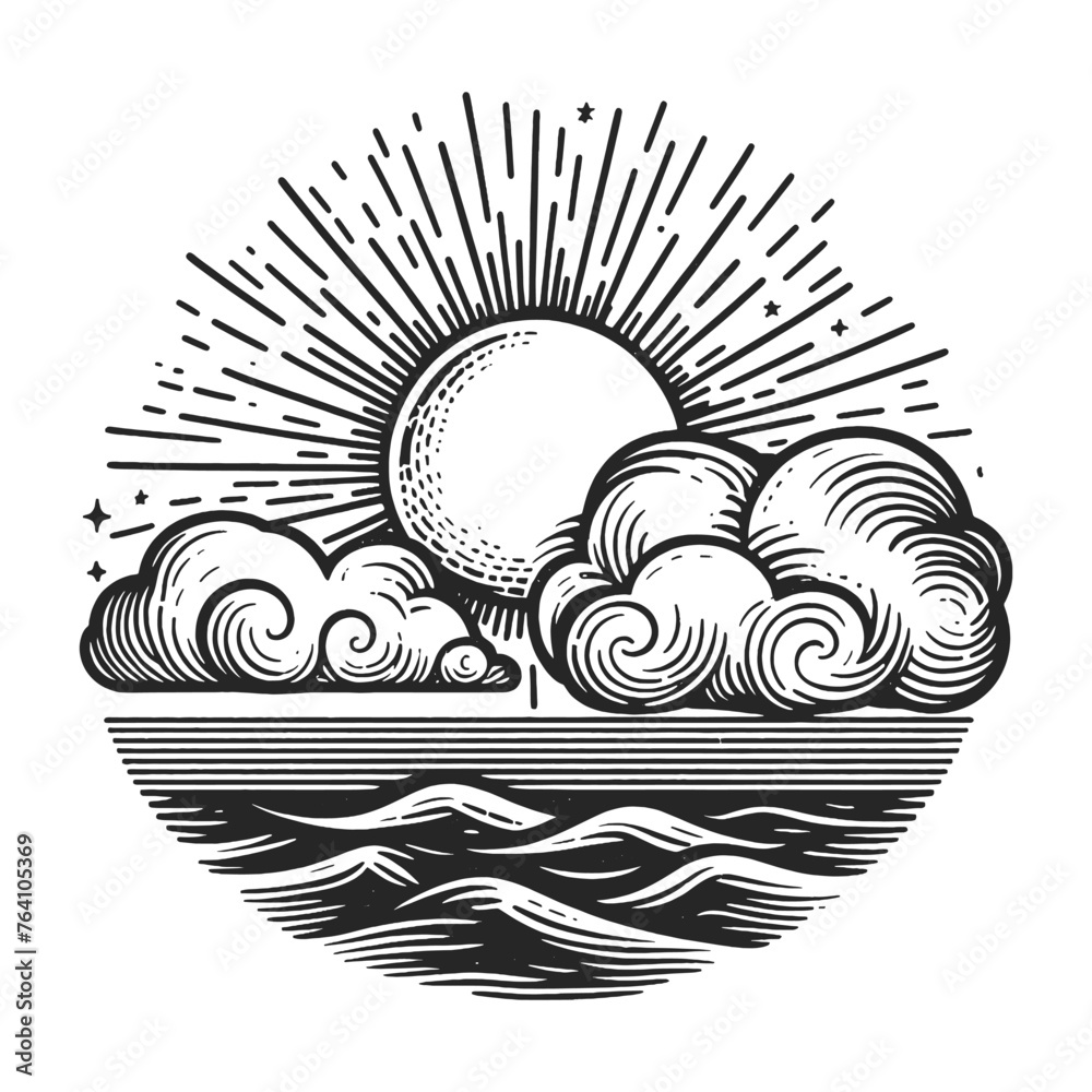 sun with radiating beams and clouds sketch engraving generative ai ...