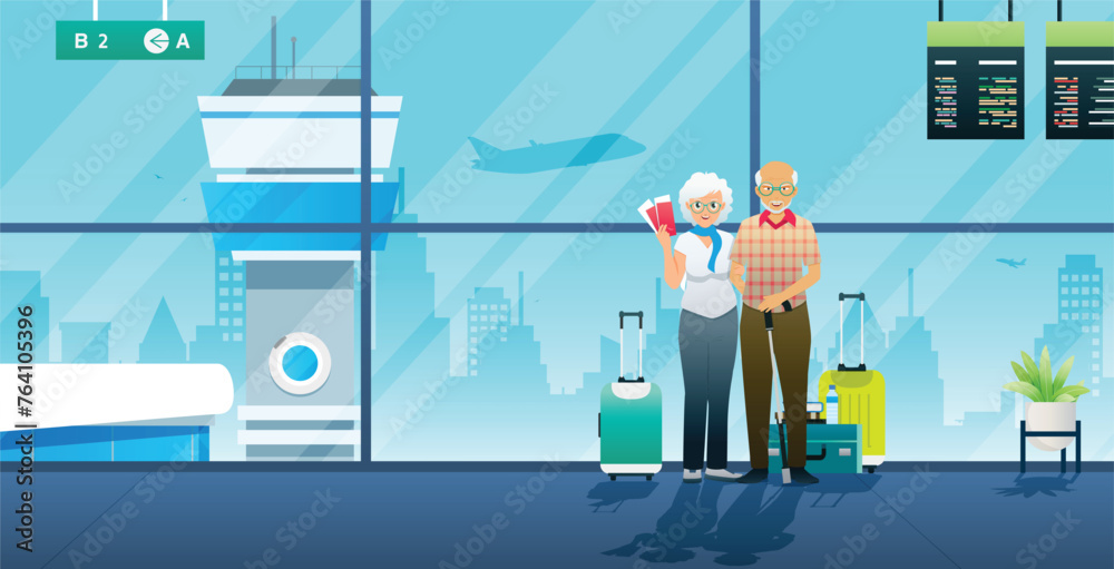 An elderly couple buys plane tickets to go on vacation. - obrazy, fototapety, plakaty 