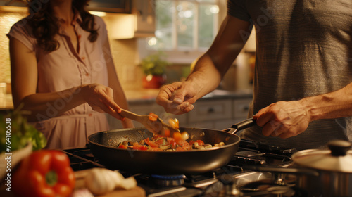 A man and a woman are preparing food together in a modern kitchen.