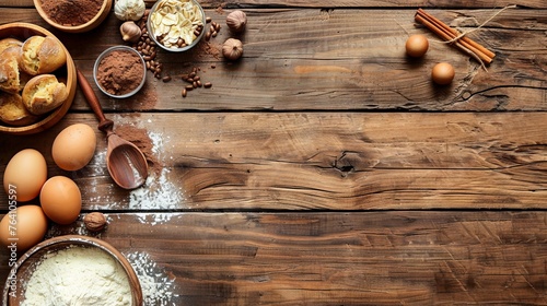Baking ingredients laid out on wooden table, Baking ingredients on wooden table.