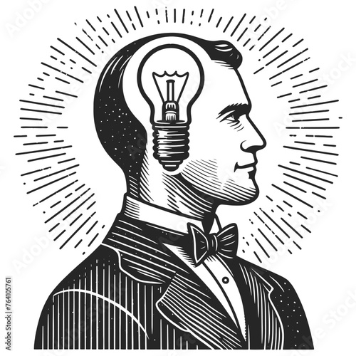 man with a light bulb for a head, symbolizing a bright idea or innovation. Sketch engraving generative ai vector illustration. Scratch board imitation. Black and white image.
