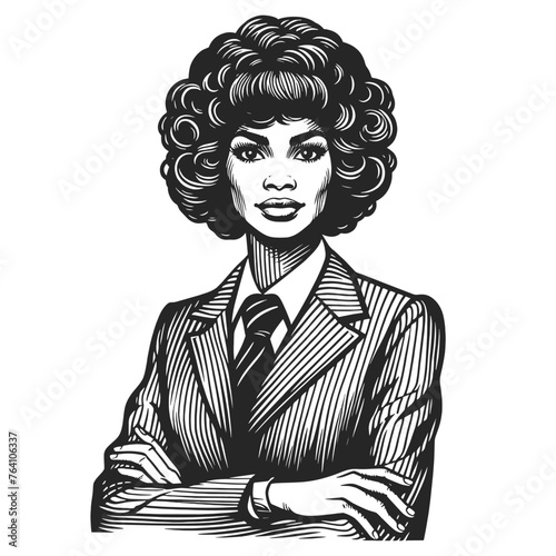 vintage businesswoman professional woman curly hairstyle, striped suit and tie sketch engraving generative ai fictional character vector illustration. Scratch board imitation. Black and white image.