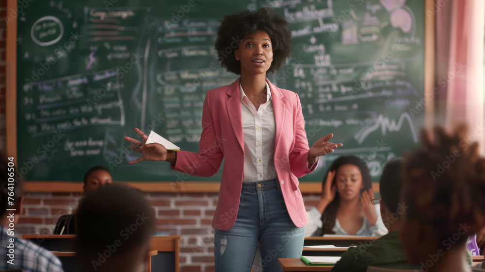 A teacher stands in front of a classroom with a world map background, engaging with students raising their hands. - obrazy, fototapety, plakaty 