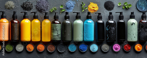 Set of personal care products on black background for banner, advertisement, web, commercial.