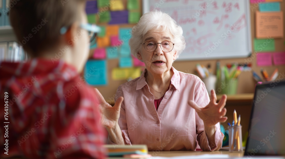 An educator discusses a topic with visible graphs on the whiteboard behind her. An educator discusses a topic with visible graphs on the whiteboard behind her.
