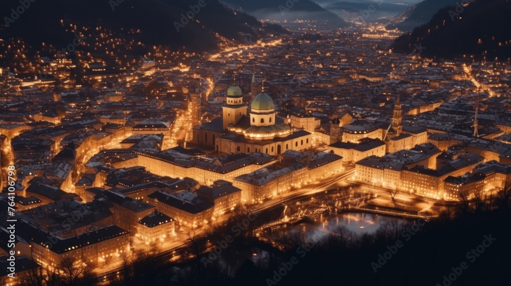 Panoramic view of the historic city of Salzburg with Festung Hohensalzburg and river Salzach in winter,