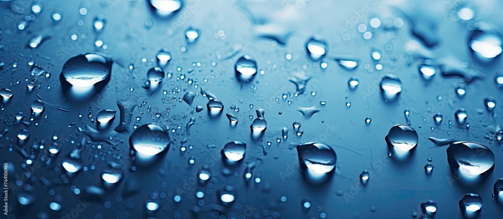 A close up image showing water droplets collected on a window glass