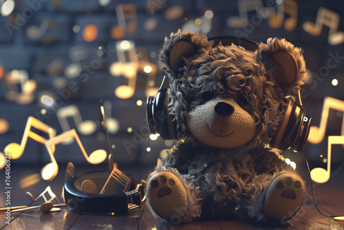 Create a 3D animator bear wearing headphones and surrounded by music notes