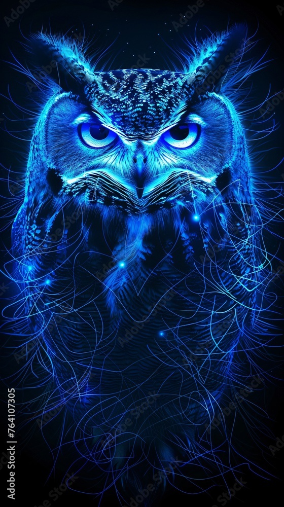 Wise old owl its feathers etched in lines of glowing blue neon guardian of the mystical night