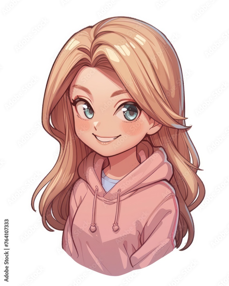 2D cartoon of a chibi girl with medium-long blond hair, wearing a pink hoodie and a smiling face 2D cartoon of a chibi girl with medium-long blond hair, wearing a pink hoodie and a smiling face